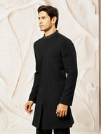 VASTRAMAY Mens Black Silk Blend Indo Western Top Only, Silk Blend Emboss Fabric Indo Western For Men, Traditional Indian Wear f