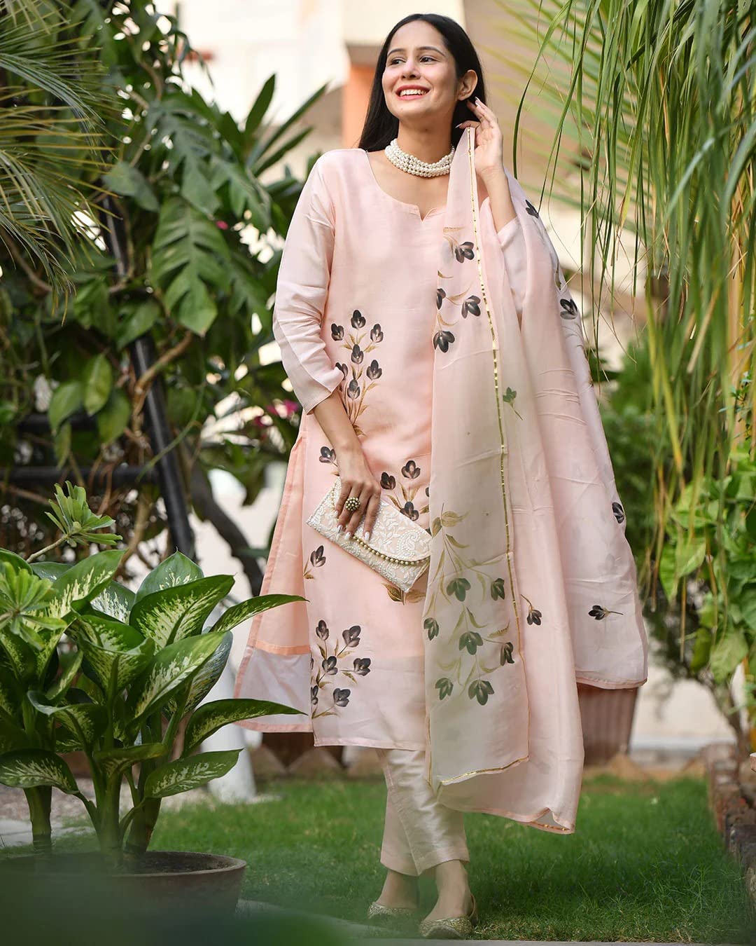 ANNI DESIGNER Womens Cotton Blend Straight Printed Kurta with Pant & Dupatta (BRUSH-PEACH_M_Peach_Medium)