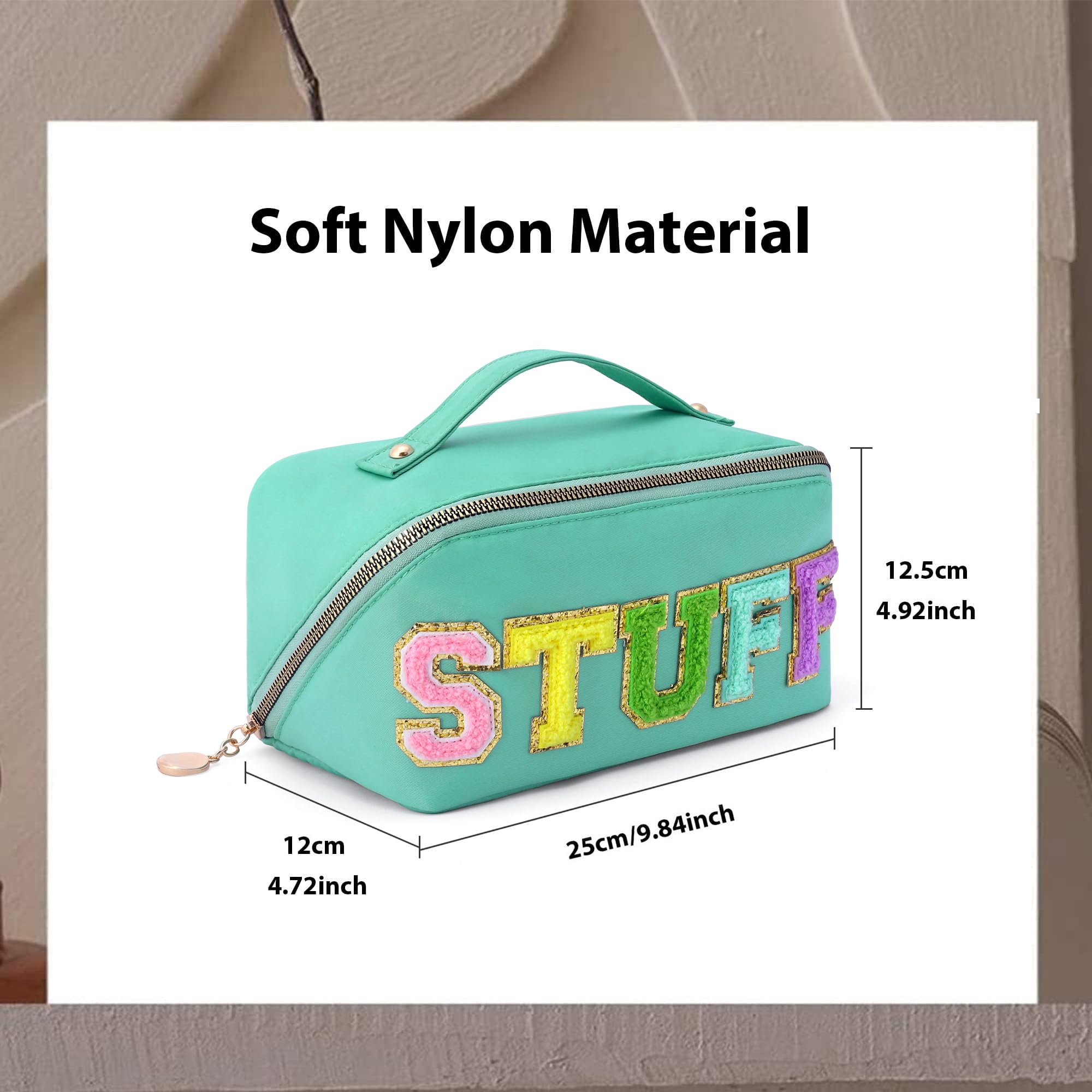 LONEDREAM 3Pcs Stoney Clover Preppy Makeup Bag, Stuff Bag Travel Makeup Cosmetic Bag, Chenille Letter Patch Open Flat Nylon Pouc