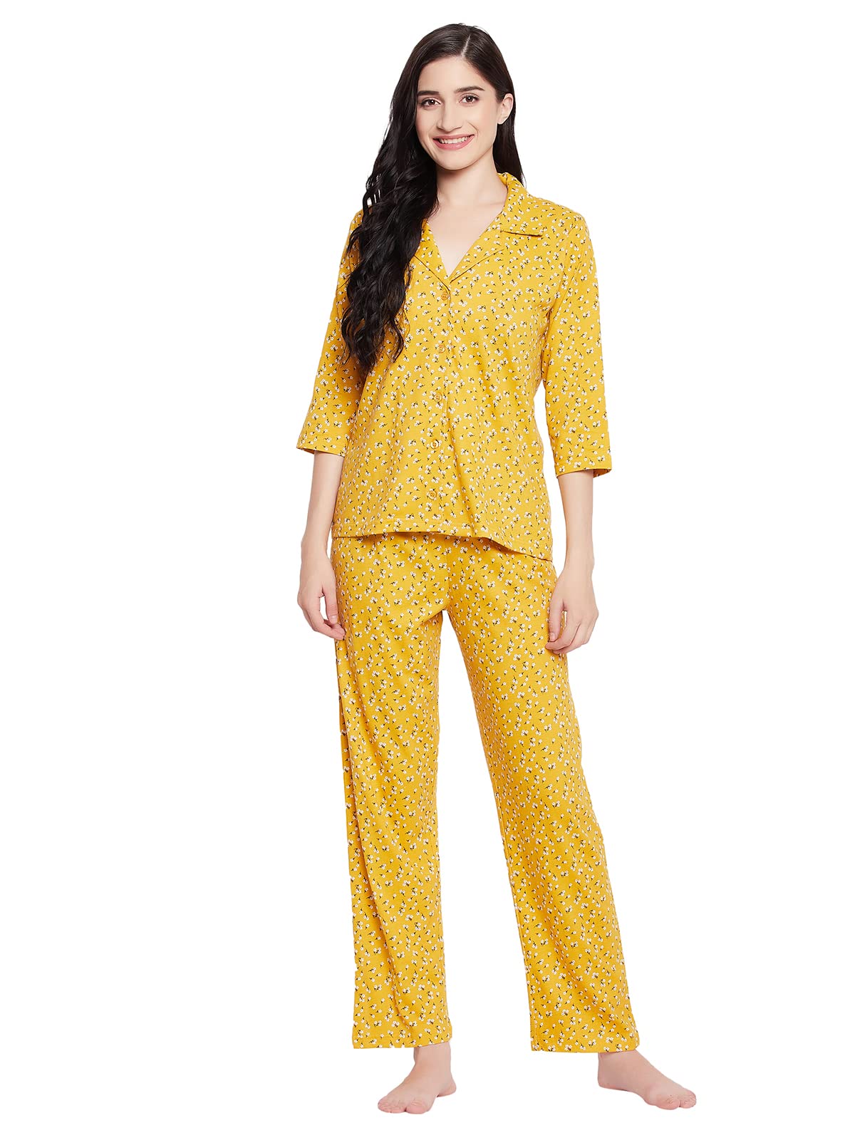 Clovia WomenS Cotton Button Me Up Shirt & Pyjama Set (Ls0585R07_Yellow_S)