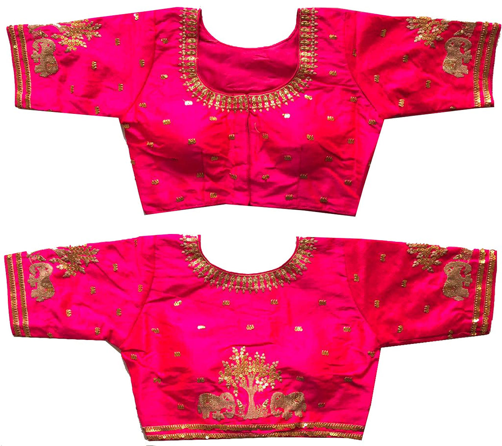 Pujia Mills WomenS Multicolor Phantom Silk Heavy Elephant Gold Thread Embroidery Sequins Zari Work Half Sleeves Readymade Saree