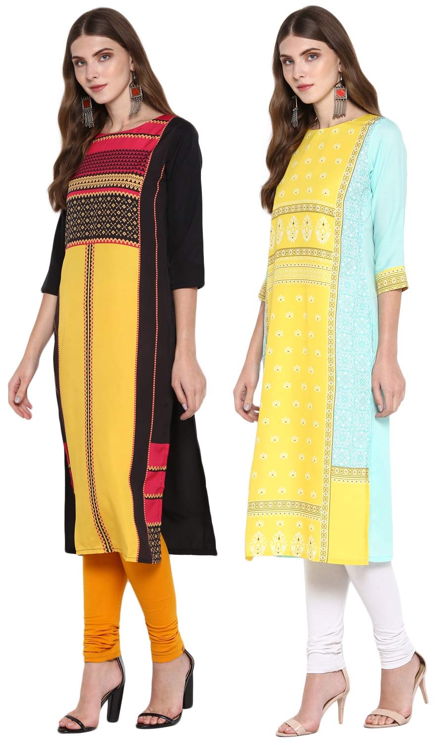 Gosriki Women'S Multi-Coloured Crepe Straight Calf Length Ethnic Printed Kurti(Pack Of 2)(Kurti-Combo-108-Xxl_Multi-Coloured)