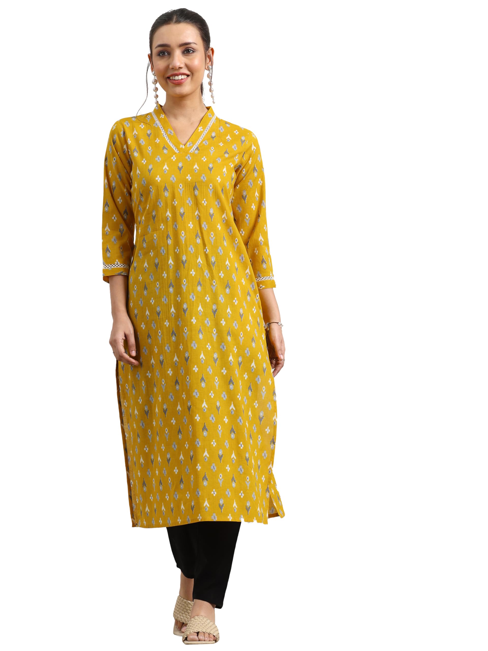 Libas WomenS Cotton Printed Regular Kurtas (98017Oc_Yellow