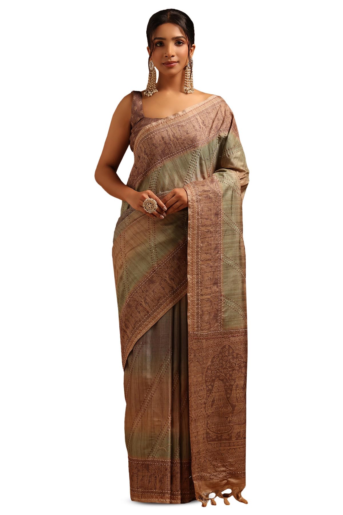 Soch Women Tussar Ethnic Motifs Saree with Kantha Embroidery