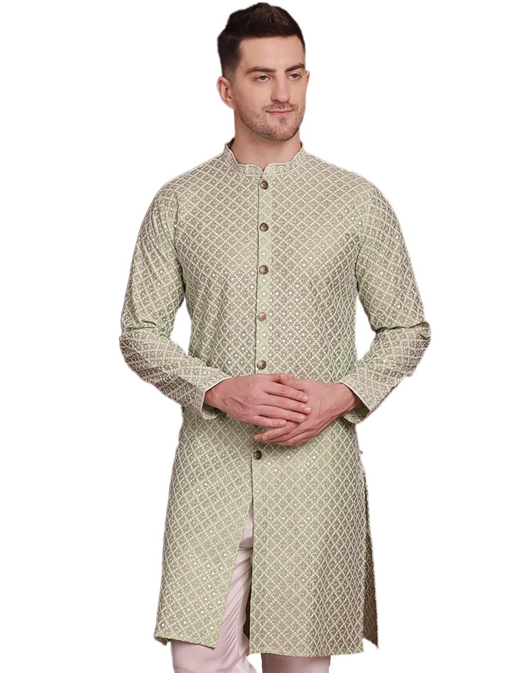 Jompers Mens Sequin Chikankari Front Open Kurta