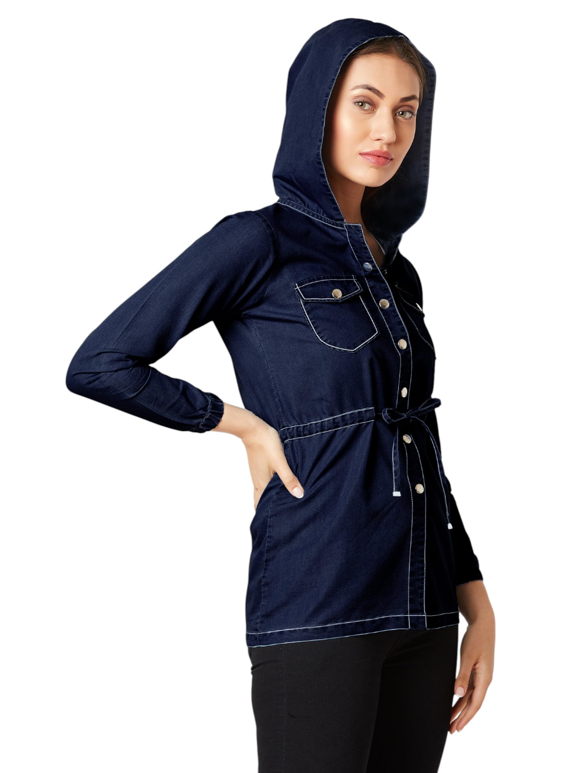 Miss Chase WomenS Round Neck Full Sleeve Long Hoody With Tie-Up Regular Length Jacket (Mcss25Den68-60-578-05, Independence Blue,