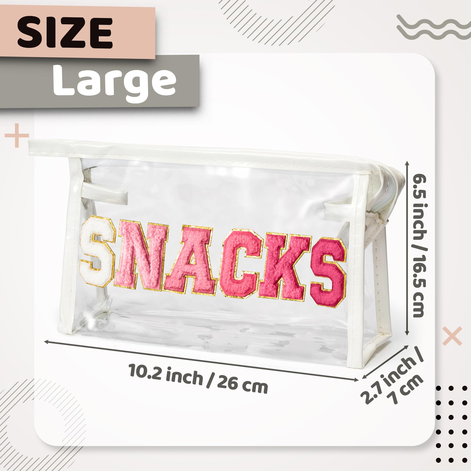 Y1tvei Large Clear SNACKS Pouch - Preppy Patch Rose Red Chenille Varsity Letter PVC Transparent Extra Large Cosmetic Makeup Bag