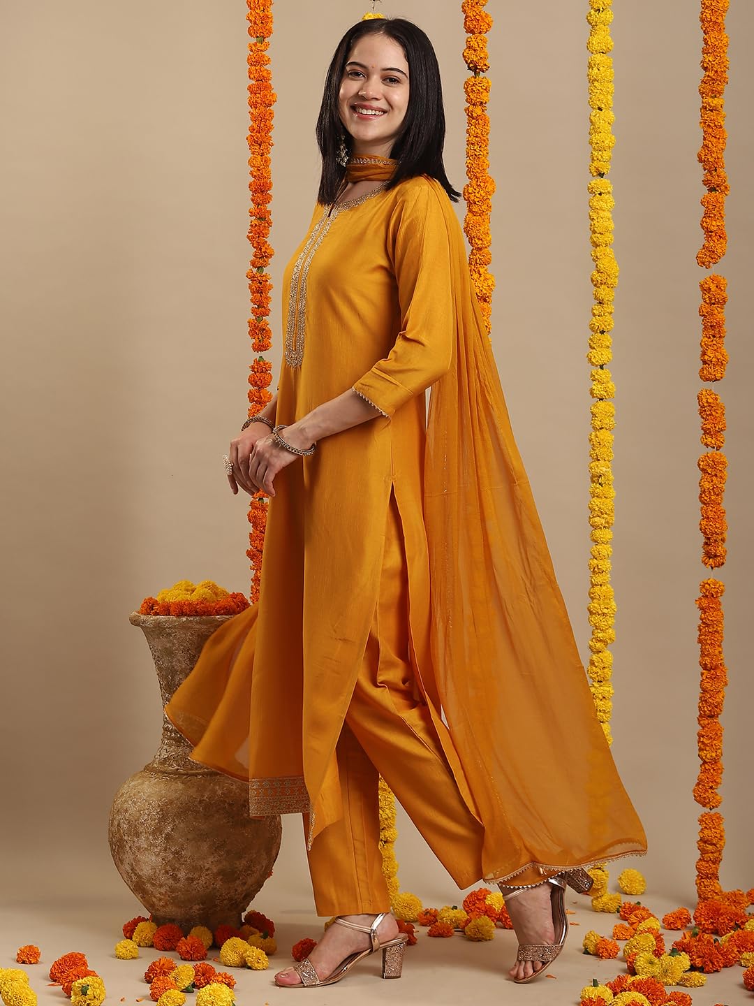 ANNI DESIGNER Womens Rayon Blend Straight Embroidered Kurta with Pant & Dupatta (LIKHA Yellow_3XL_Yellow_XXX-Large)