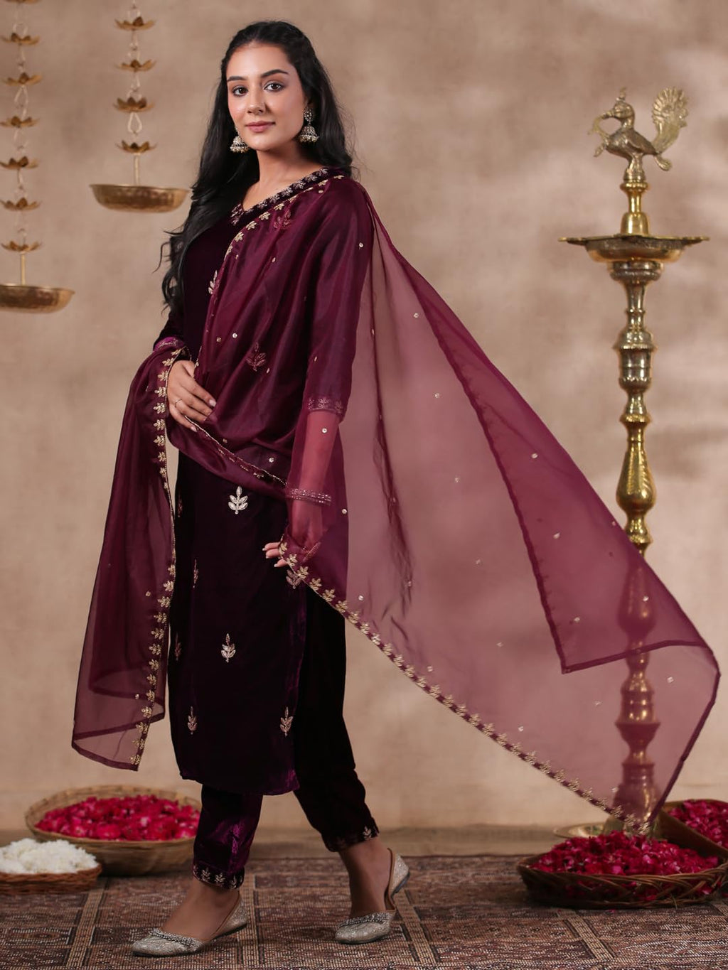Ishin WomenS Velvet Self Design Zari Purple Straight Kurta Suit Set With Trousers & Dupatta