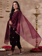 Ishin WomenS Velvet Self Design Zari Purple Straight Kurta Suit Set With Trousers & Dupatta