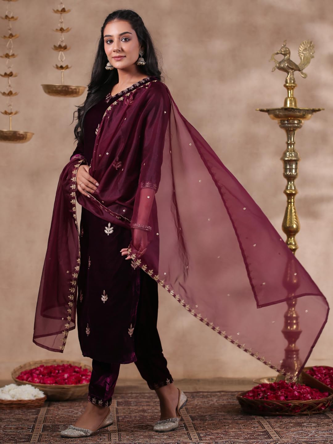 Ishin WomenS Velvet Self Design Zari Purple Straight Kurta Suit Set With Trousers & Dupatta