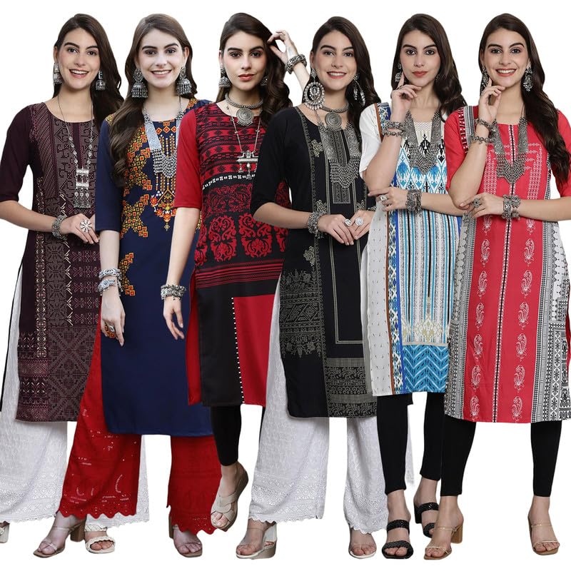 Pinkmint Womens Crepe Digital Print Straight Kurta [Pack of 6]