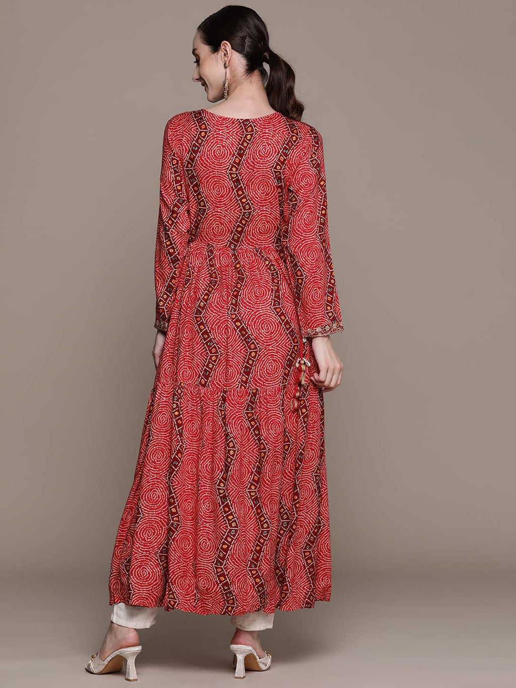 Ishin Women'S Rayon Pink Bandhani Print Embroidered Anarkali Kurta