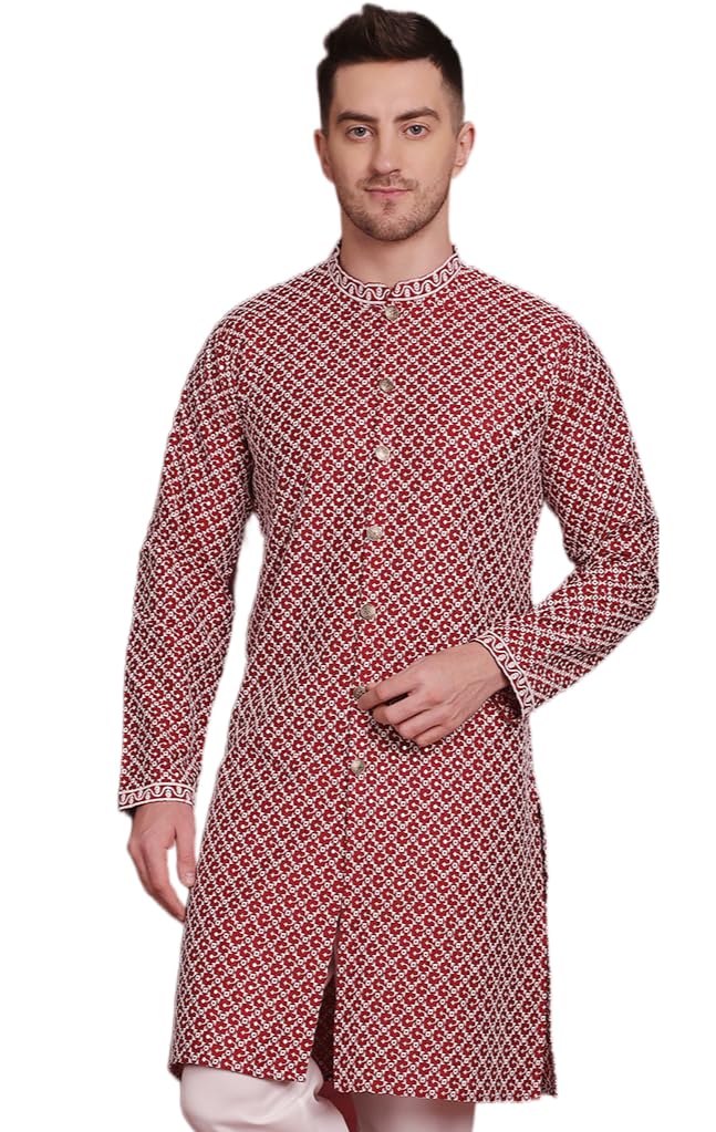 Jompers Mens Sequin Chikankari Front Open Kurta