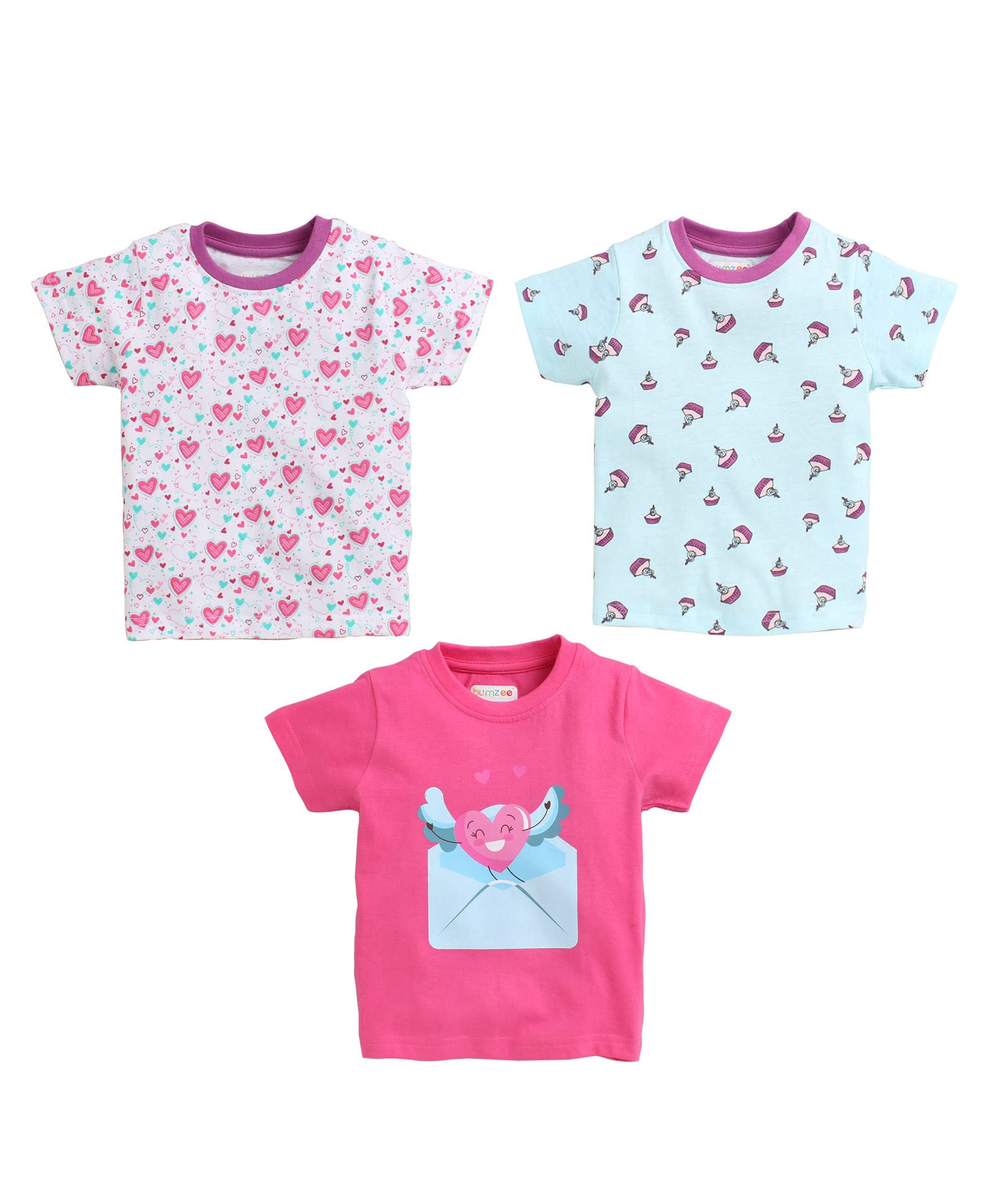 BUMZEE Pink & Sea.Green Half Sleeves Baby Girls Regular Fit T-Shirt Pack of 3 Age - 3-6 Months