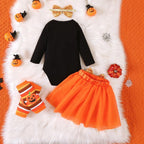 Baby Girls Halloween Outfits Costume My 1st Halloween Romper+ Tutu Skirt+ Striated Leg Warmer+ Bunny Headband 4Pcs Outfit Set (B)