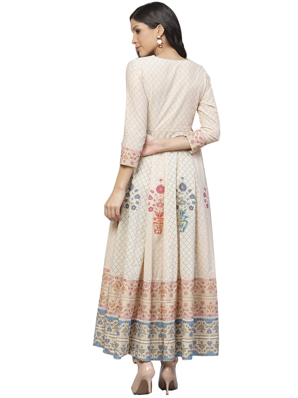 Ishin Women'S Cotton Anarkali Printed Floral Print Beige Kurti