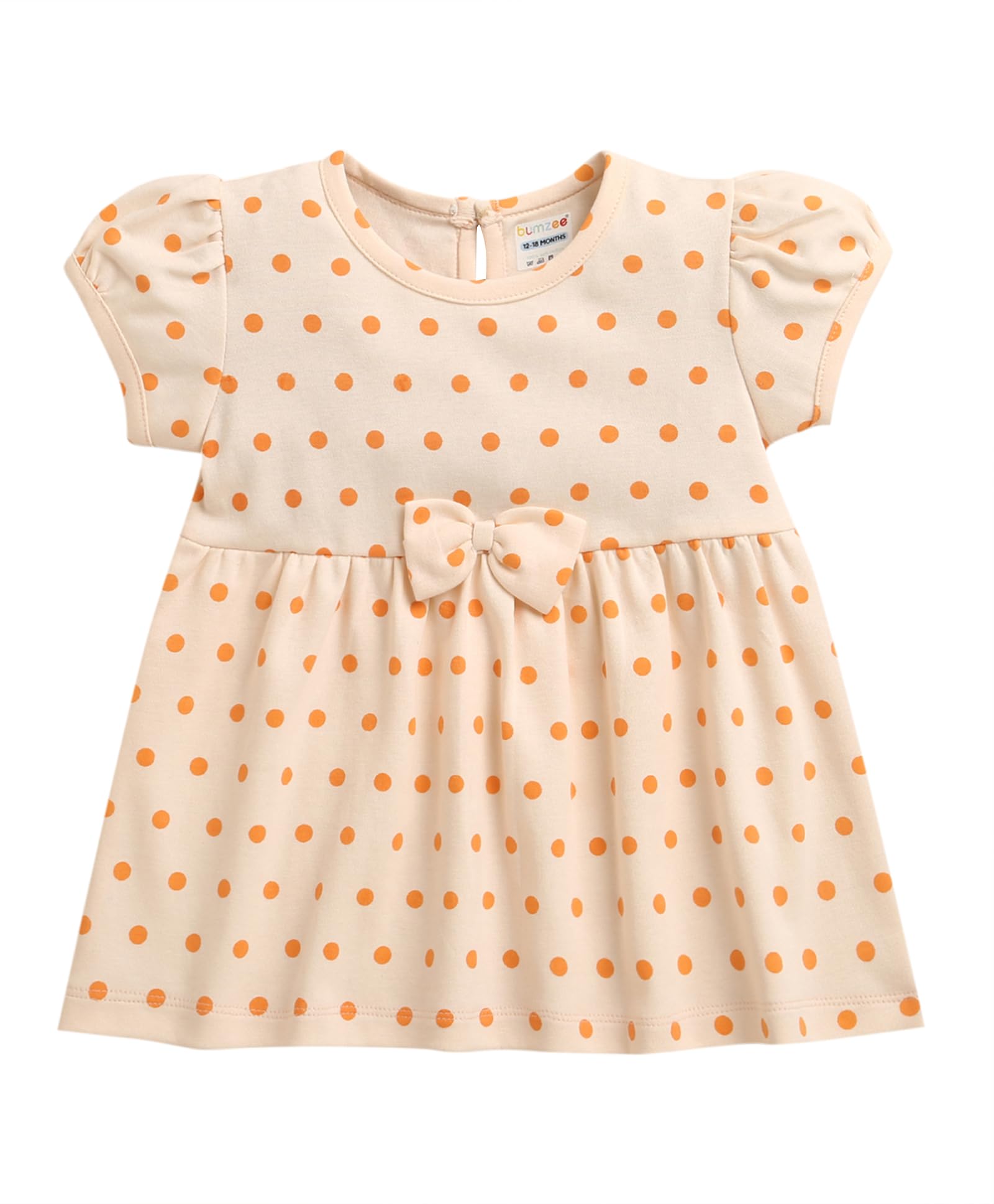 BUMZEE Girls Cotton Cap Sleeves Polka Print Above Knee Length Frock/Dress Peach - 0-6 Months (Peb11490B-pch)