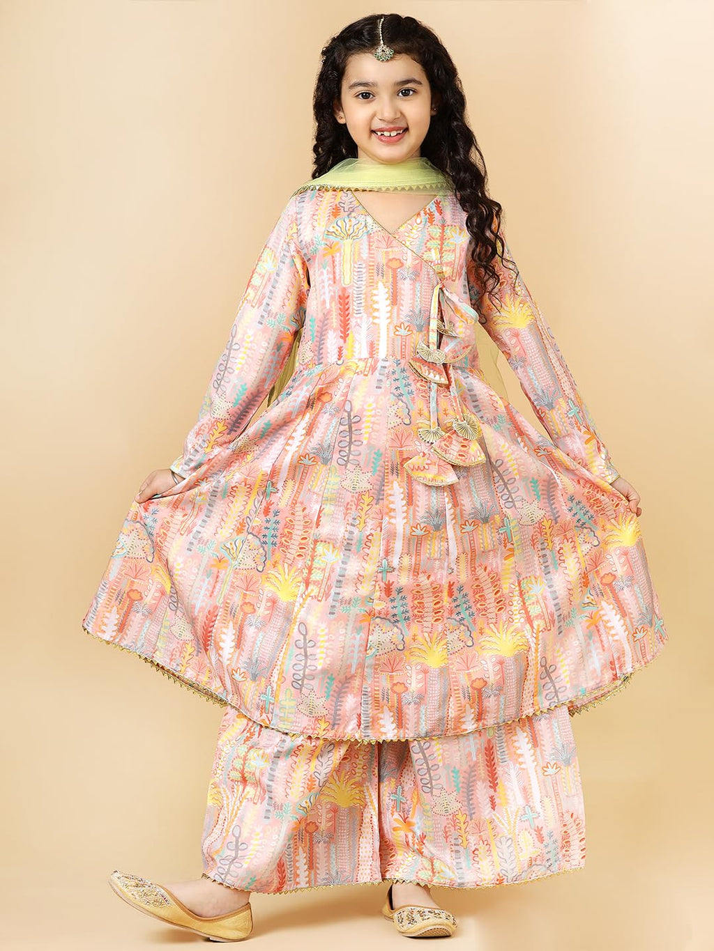 A.T.U.N. (All Things Uber Nice) Peach Floral Printed Anarkali Palazzo Set For Girls
