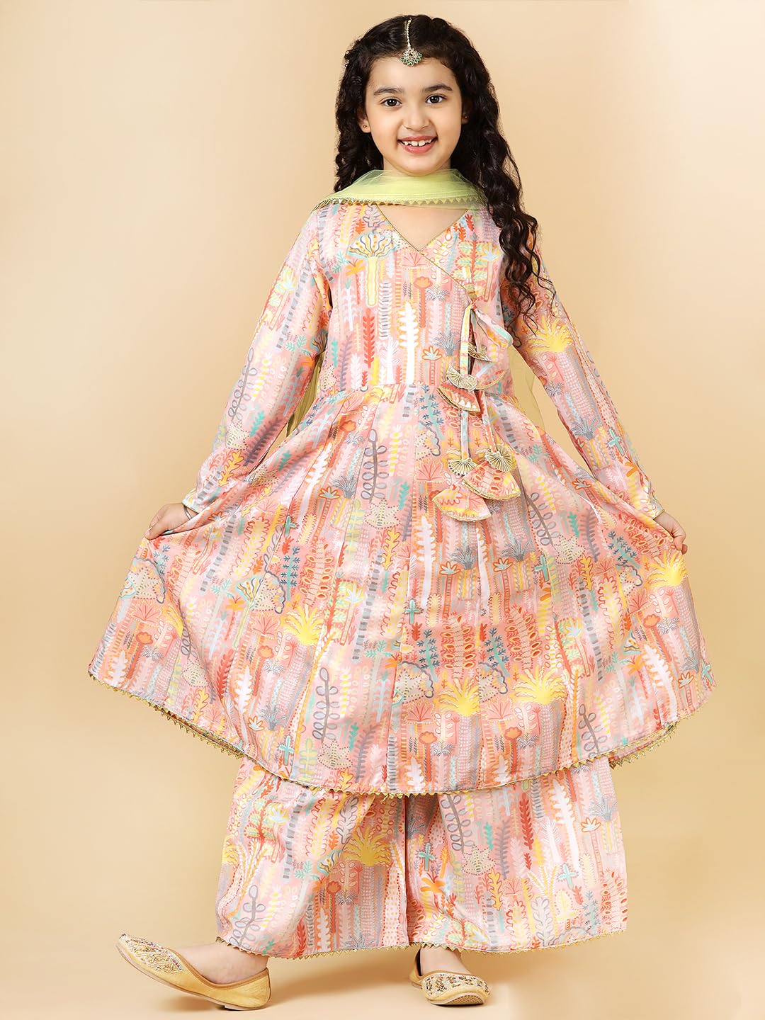 A.T.U.N. (All Things Uber Nice) Peach Floral Printed Anarkali Palazzo Set For Girls