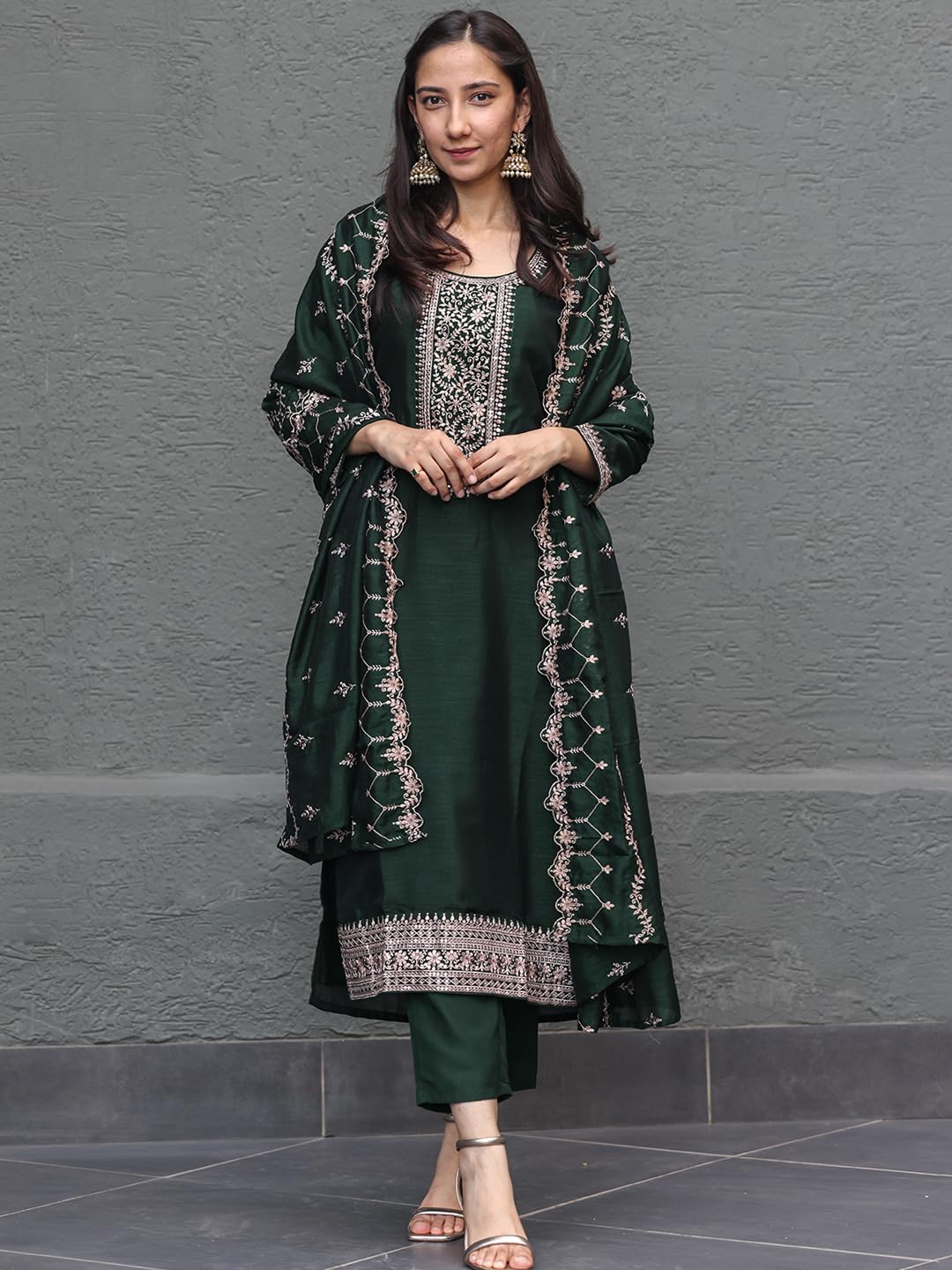 Libas WomenS Silk Blend Kurta Sets (48172_Bottle Green