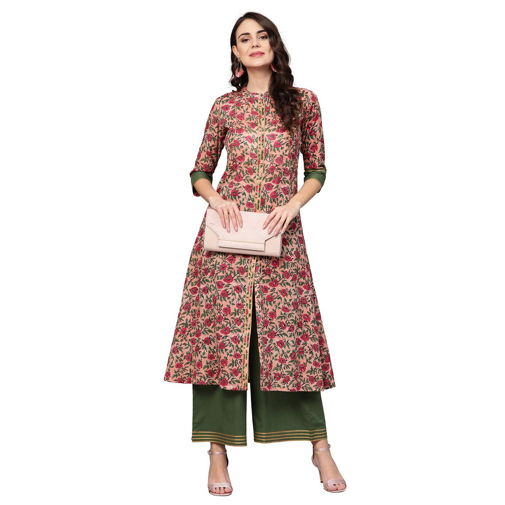 Idalia Pink Floral Printed Ethnic Kurta Set For Women Stylish Mandarin Collar Printed Cotton Kurta With Pant Set For Wedding & F