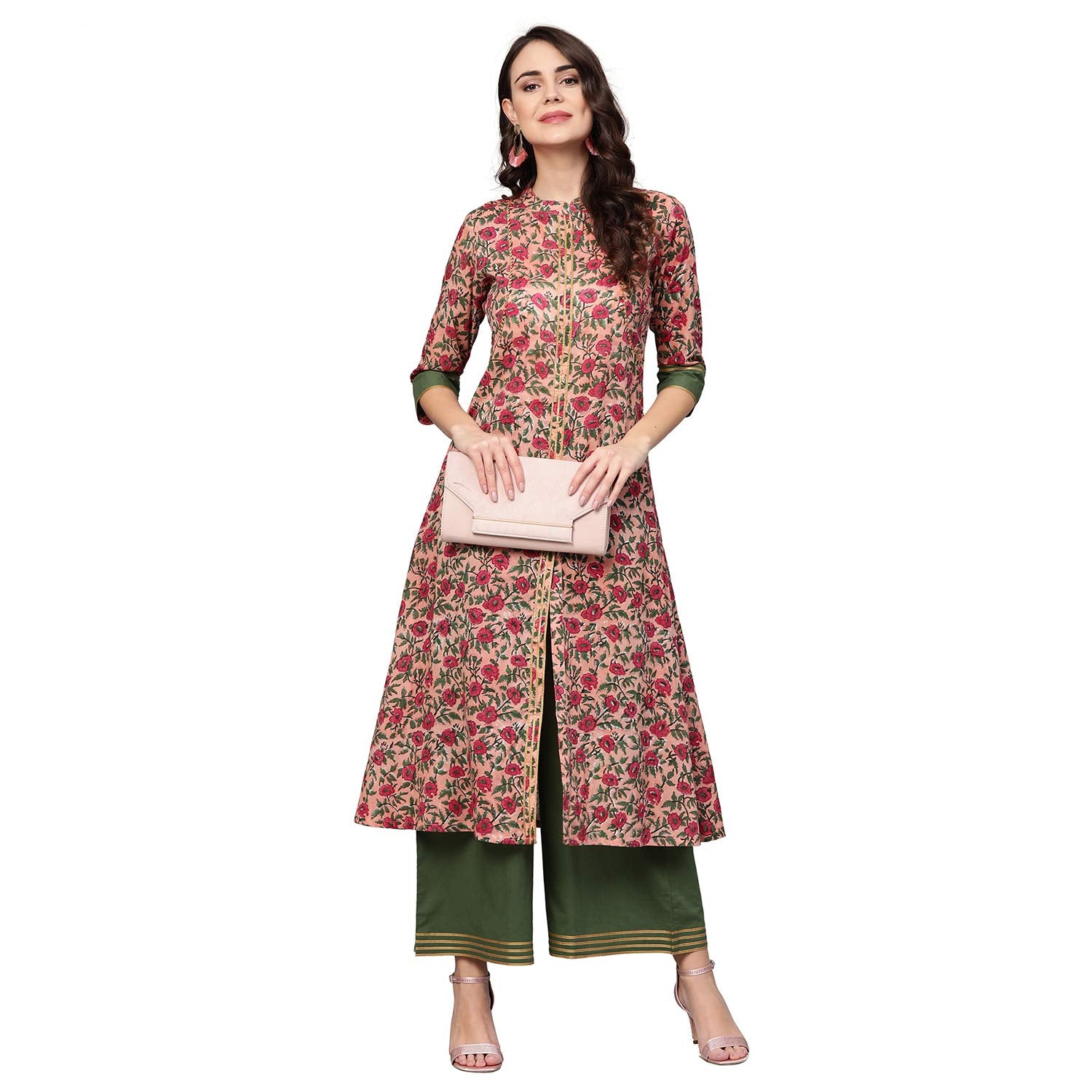 Idalia Pink Floral Printed Ethnic Kurta Set For Women Stylish Mandarin Collar Printed Cotton Kurta With Pant Set For Wedding & F