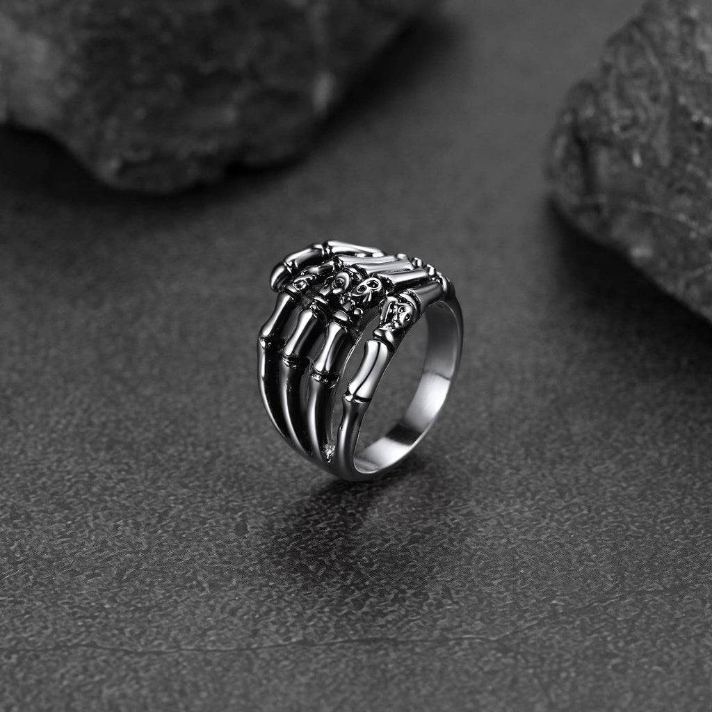 FaithHeart Punk Skull Hand Rings for Man Stainless Steel Gothic Halloween Party Accessories
