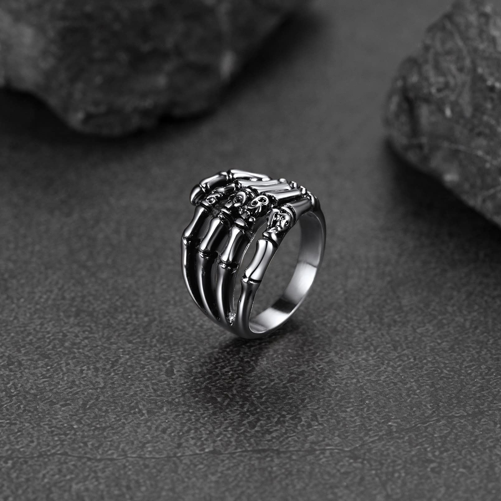 FaithHeart Punk Skull Hand Rings for Man Stainless Steel Gothic Halloween Party Accessories