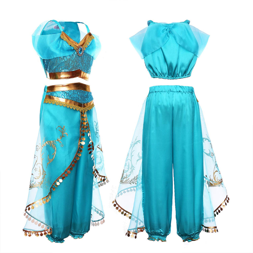 Cmiko Princess Jasmine Costume Dress Up Clothes Fancy Sequined Arabian Outfit Attire with Tiara Wand Gloves Accessories Set for