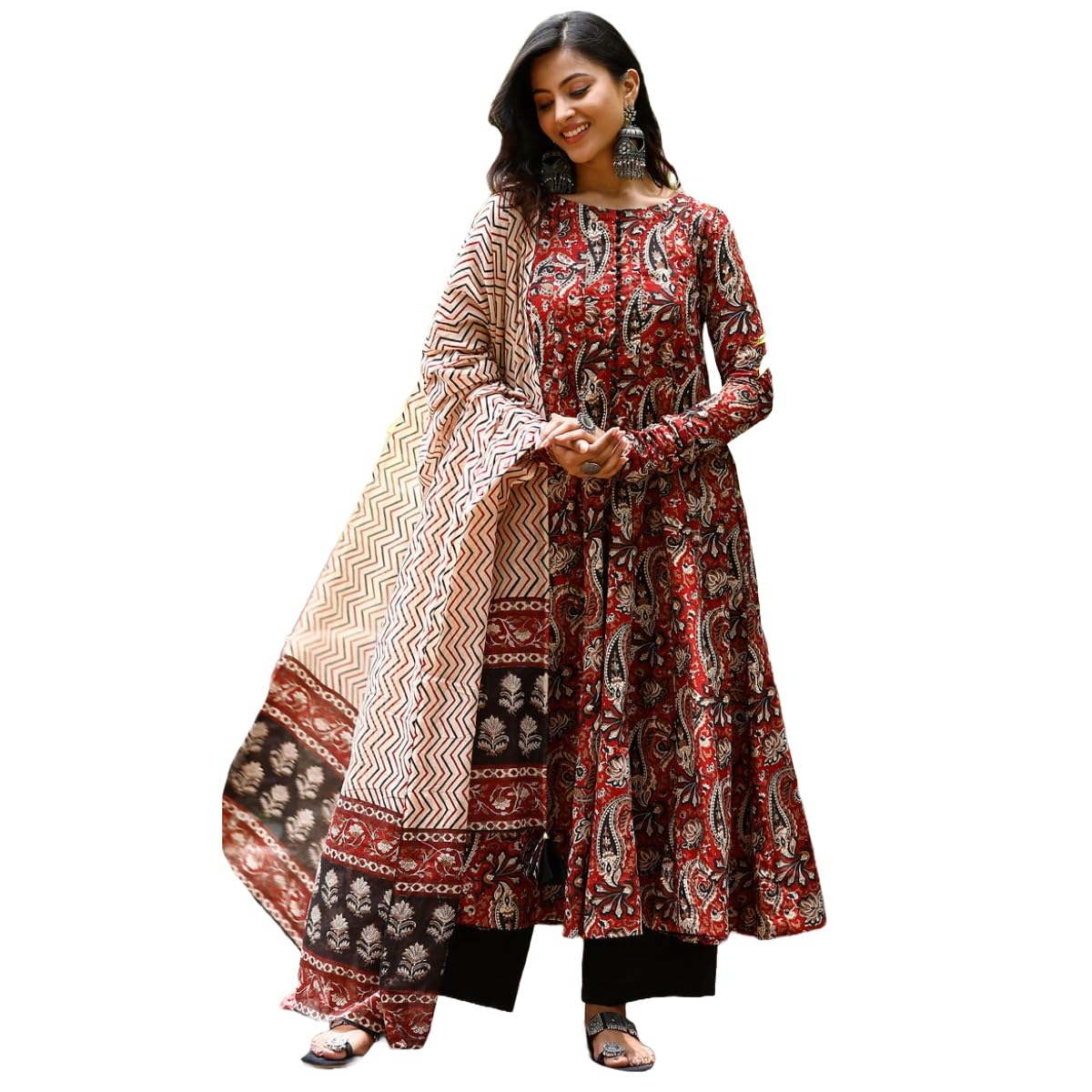 ANNI DESIGNER Women s Anarkali Viscose Kurta with Trousers and Dupatta, Multicolored, XL
