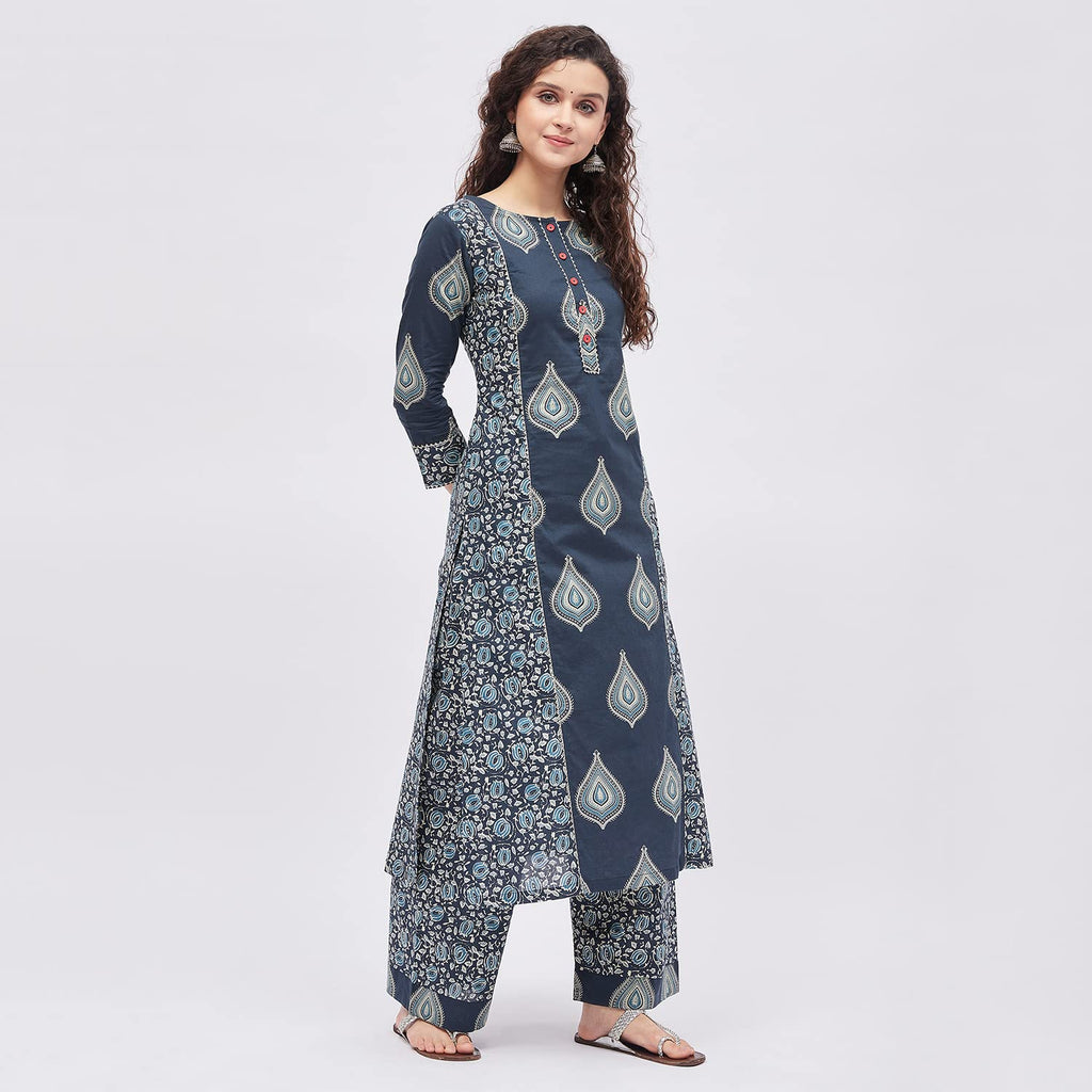 Tissu Women'S Cotton Blue & Sea Green Printed Kurta With Palazzo