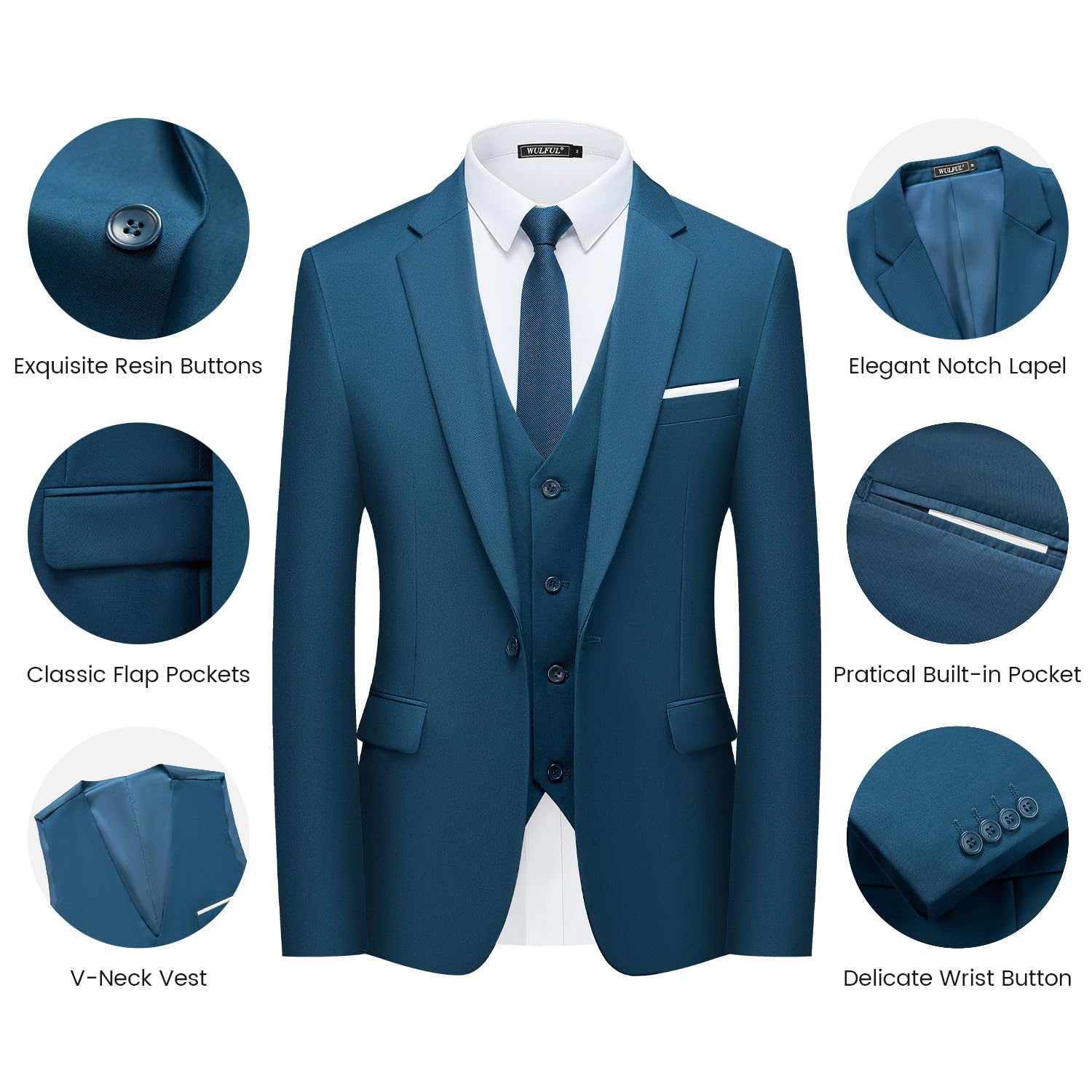 WULFUL Mens Slim Fit Suit One Button 3-Piece Blazer Dress Business Wedding Party Jacket Vest & Pant Teal Blue