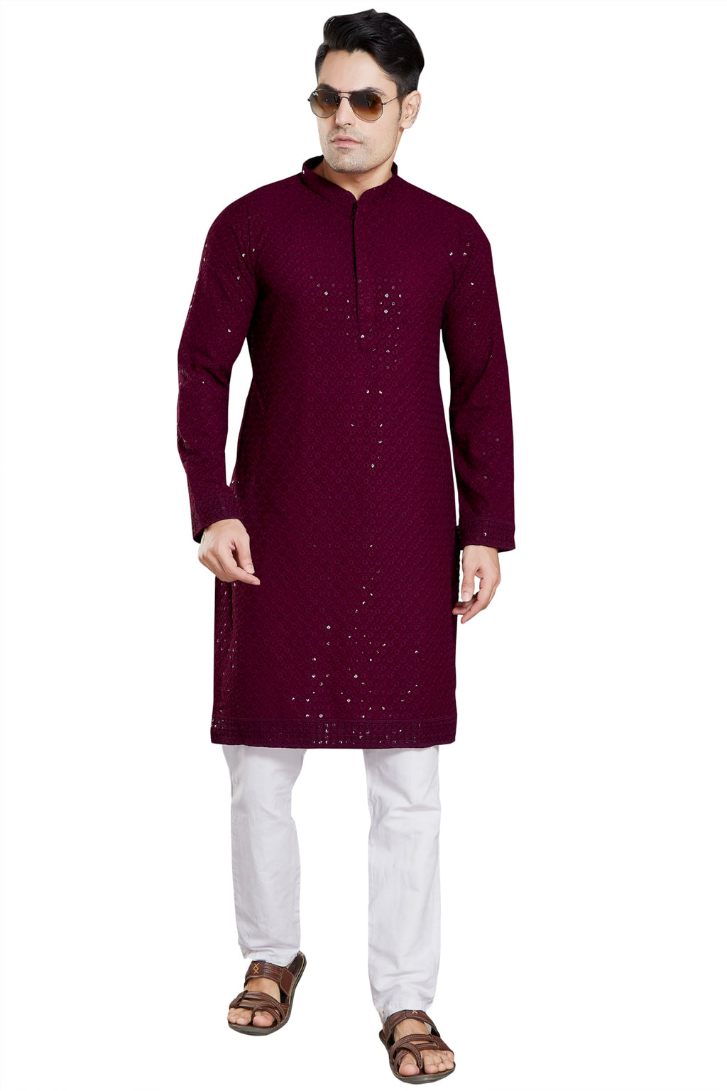 DIVISIVE Mens Sequince Embroidered Cotton Blend Only Slim Fit Kurta (DKRT14_M_Burgundy)