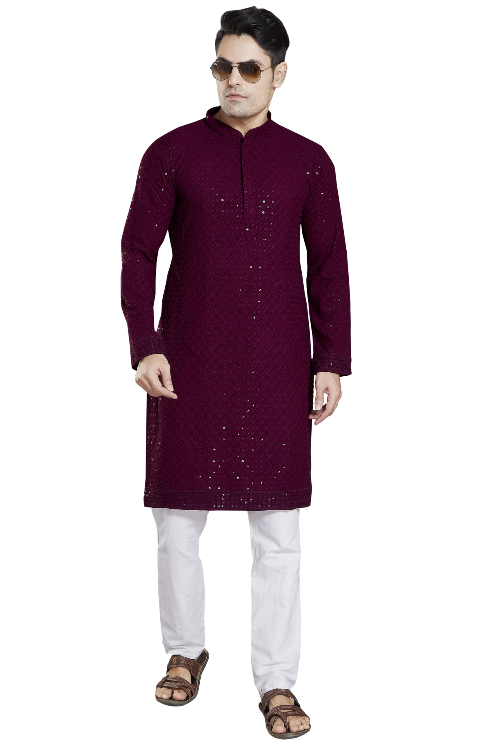 DIVISIVE Mens Sequince Embroidered Cotton Blend Only Slim Fit Kurta (DKRT14_M_Burgundy)