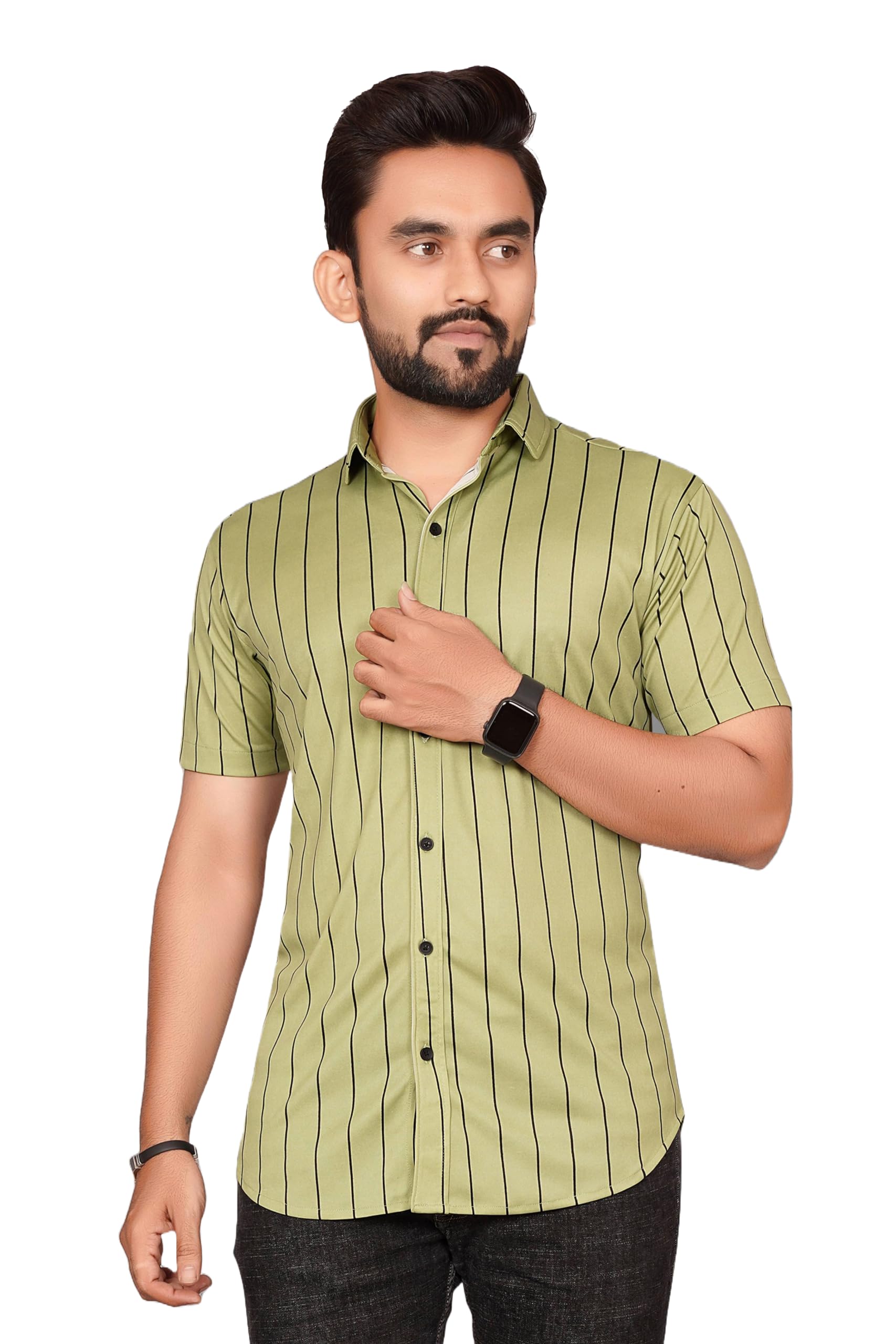 Besix MenS Green Lycra Blend Striped Regular Fit Casual Shirt For Man - Short Sleeve, Spread Collar For Formal Stylish Wear As 