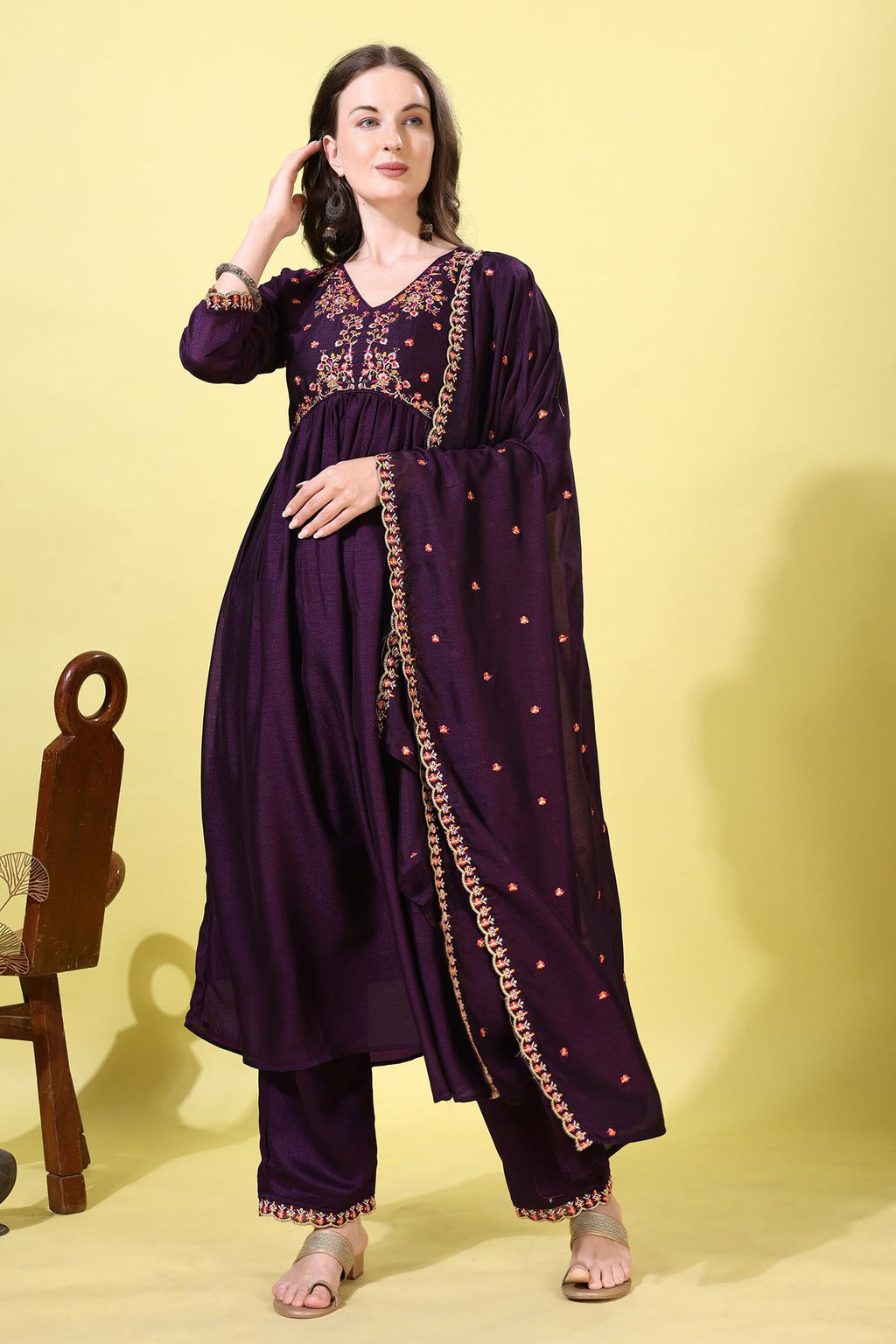 Pratham Blue WomenS Silk Embroidered Anarkali Kurta Palazzos With Dupatta |Kurta Sets For Women |Women Kurta | Women Embroidere