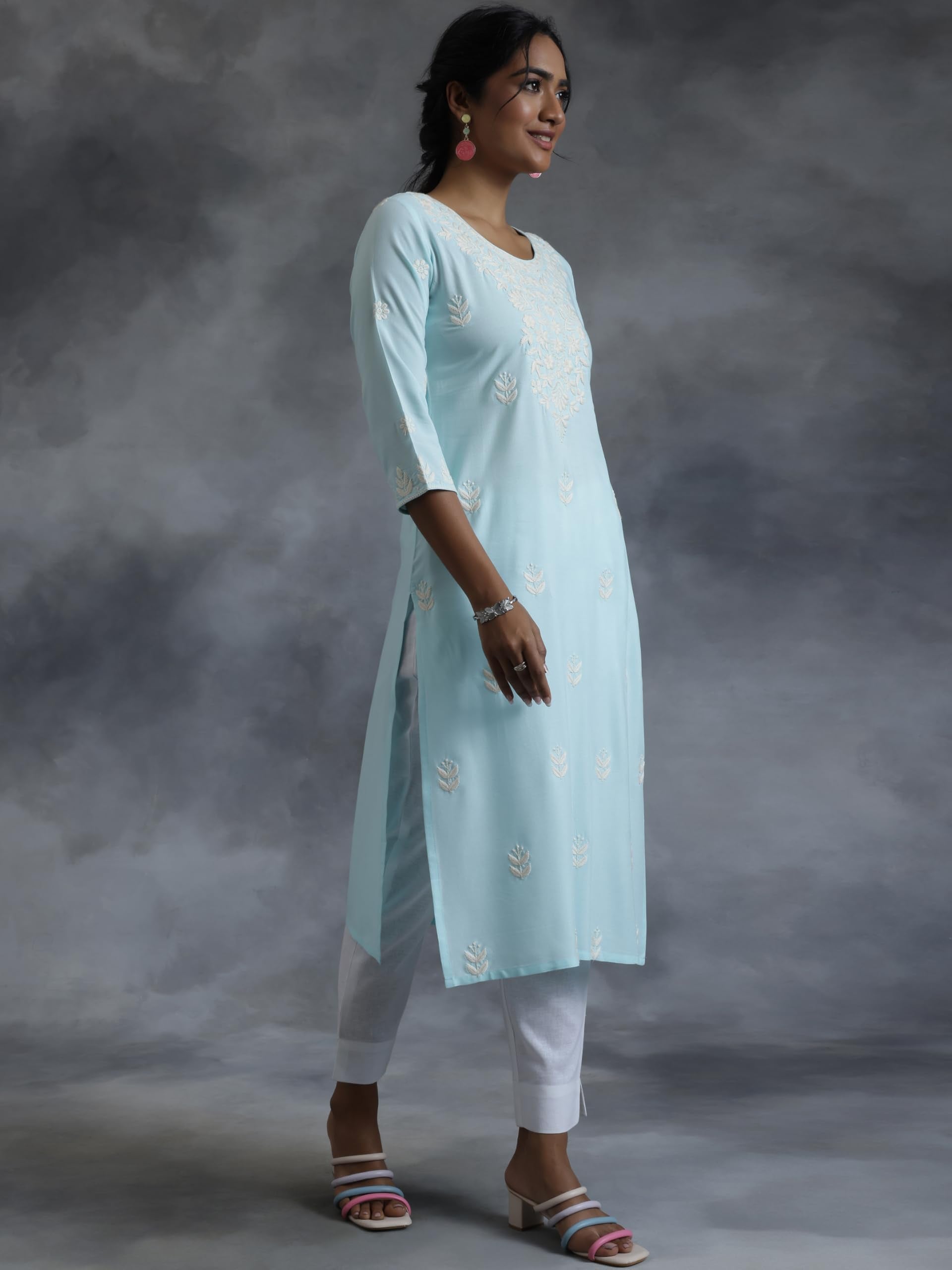 Libas WomenS Viscose Rayon Ethnic Motifs Straight Kurta (37113 Blue