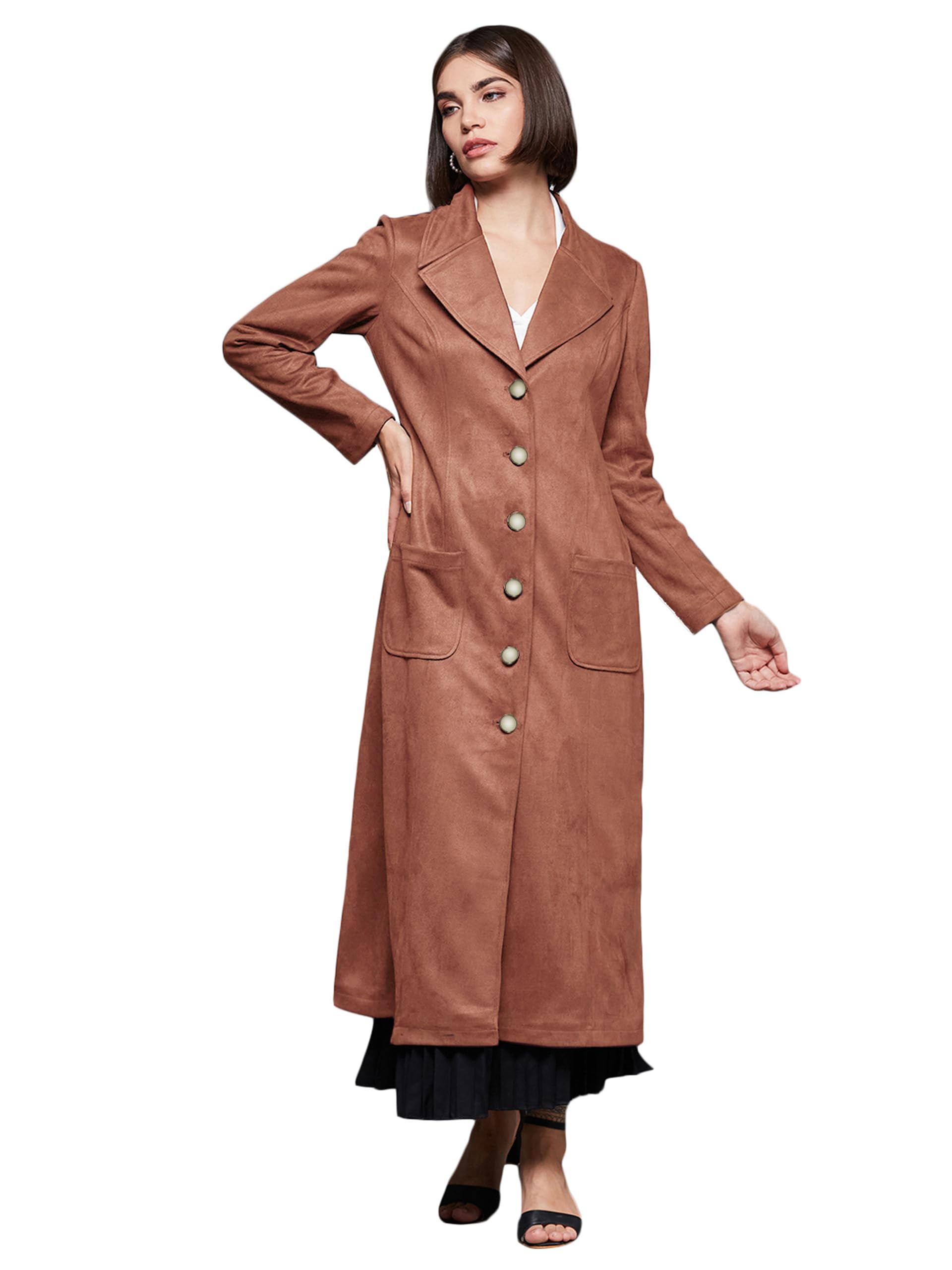 Miss Chase WomenS Solid Notch-Collar Full Sleeves Button-Down Longline Polyester Jacket With Pockets (Mcaw22Jkt03-47-312-04, Pe