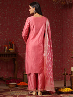 ishin Womens Poly Silk Ethnic Motifs Pink Straight Kurta Suit Set with Trousers & Dupatta