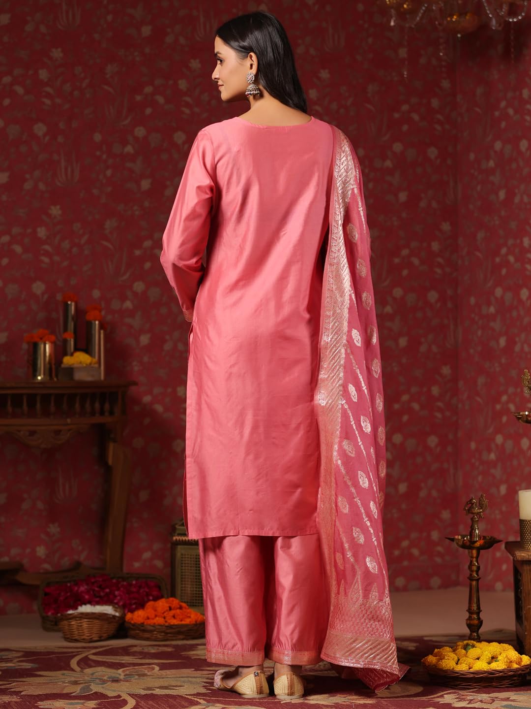 ishin Womens Poly Silk Ethnic Motifs Pink Straight Kurta Suit Set with Trousers & Dupatta