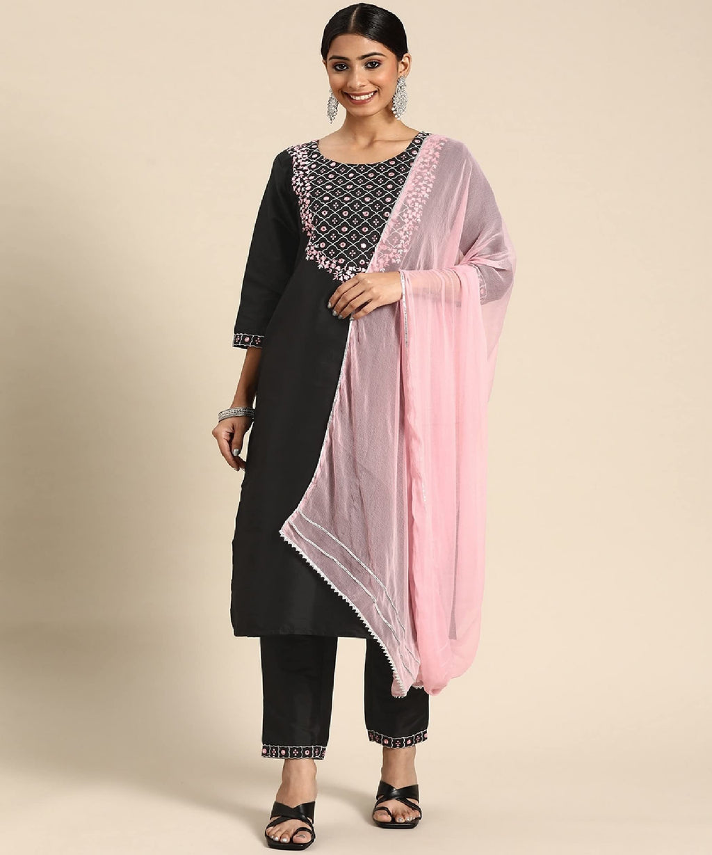 Lookmark Womens Art Silk Kurta And Pant Set With Dupatta Black-Pink