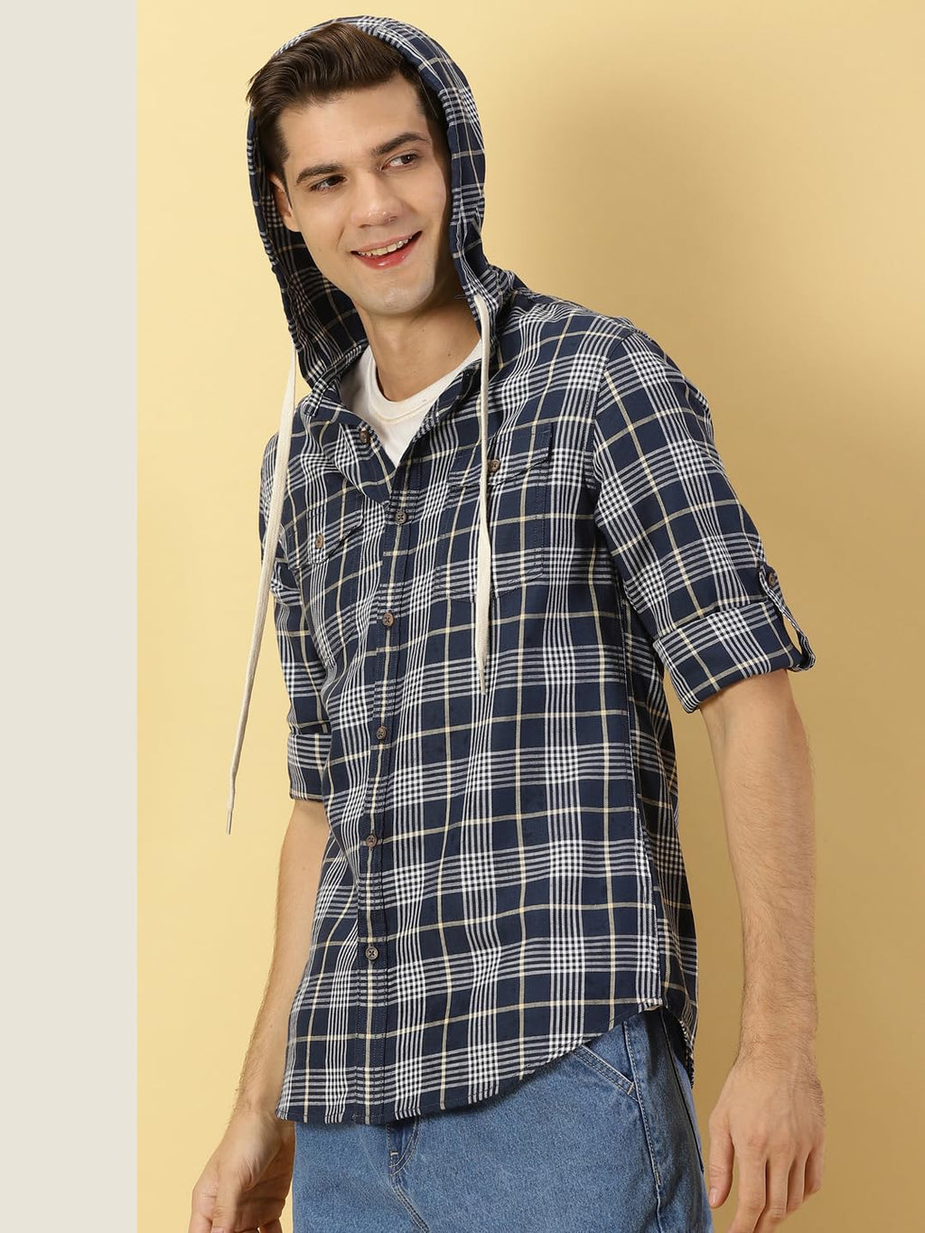 Thomas Scott Tartan Checked 100% Cotton Shirt Hoodie for Mens Indigo