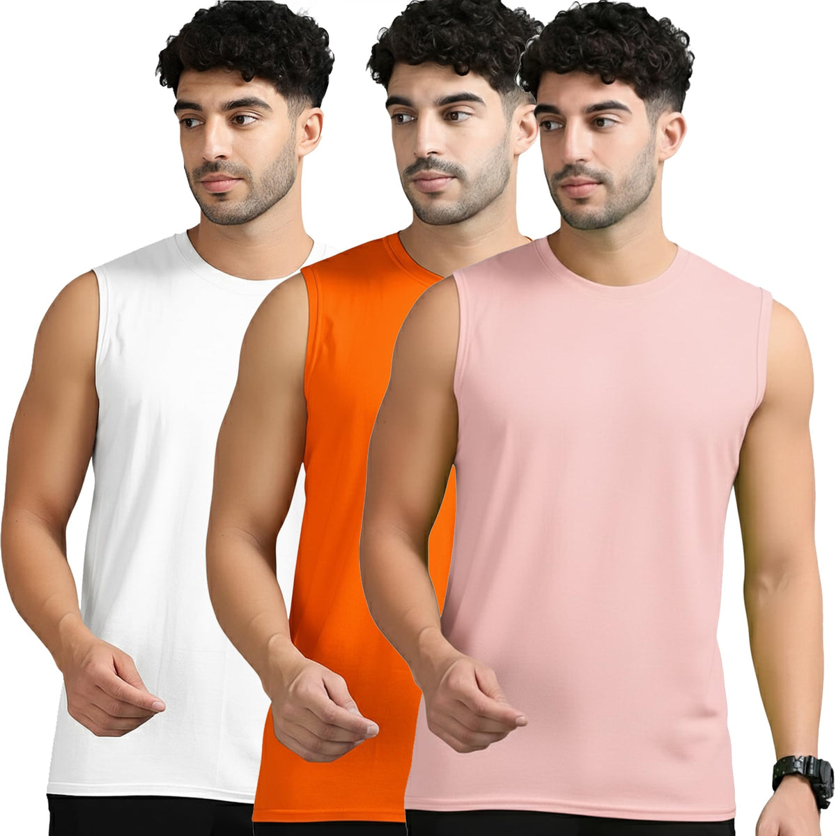 Jangoboy MenS Active Wear Sleeveless TShirt Gym Wear Tank Top Vest Round Neck Running Sando For Sports (TripleTrip68371173