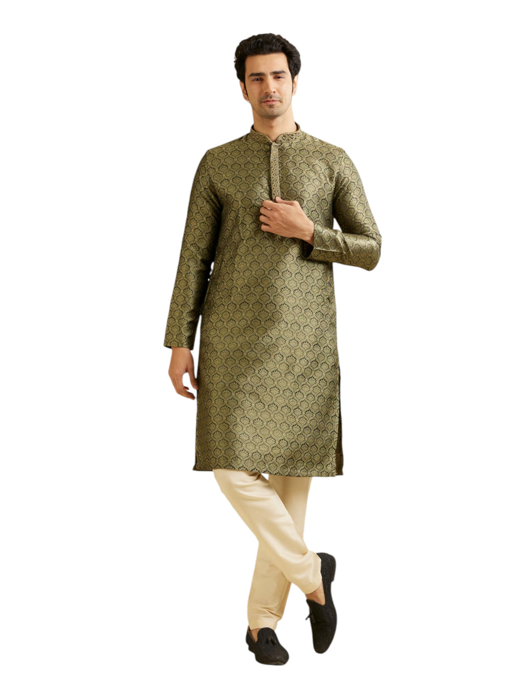 Manyavar MenS Brocade Floral Buta Motifs Kurta Set (Olive Green,Xl)