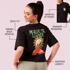 Enamor Womens Graphic Oversized Fit T-Shirt (E3G5_Jet Black Magical