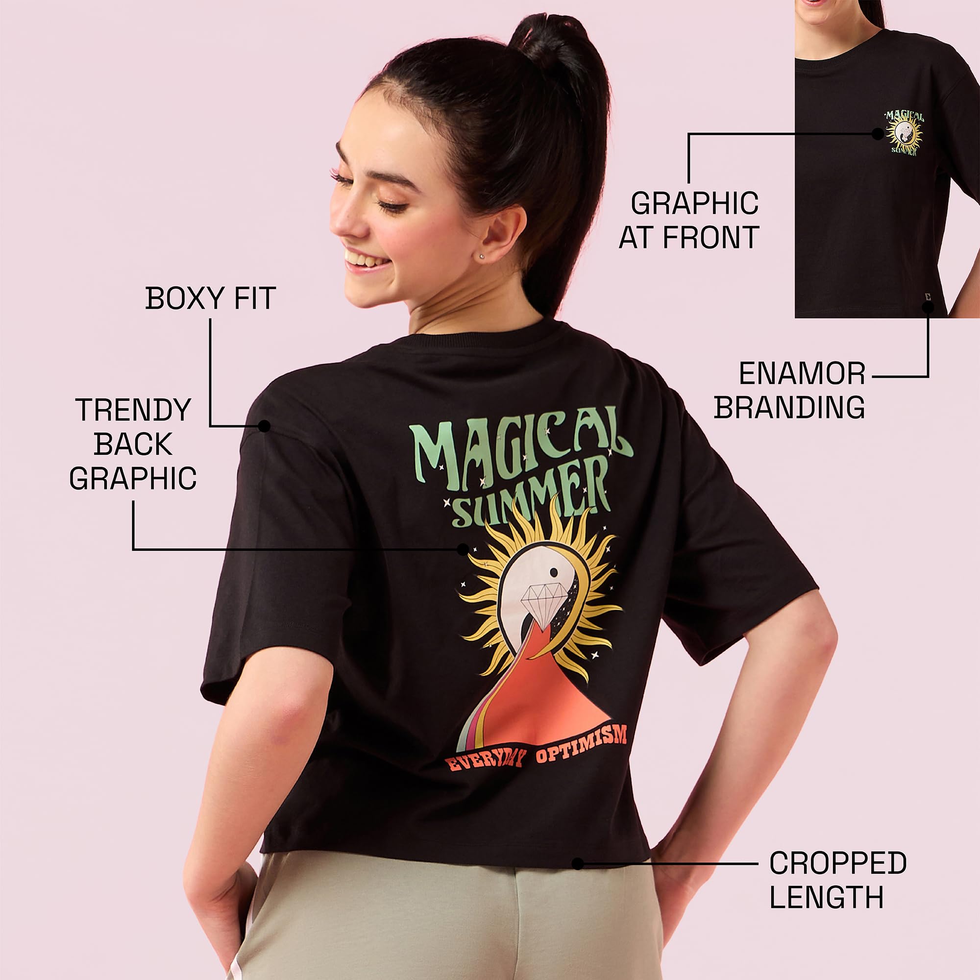 Enamor Womens Graphic Oversized Fit T-Shirt (E3G5_Jet Black Magical