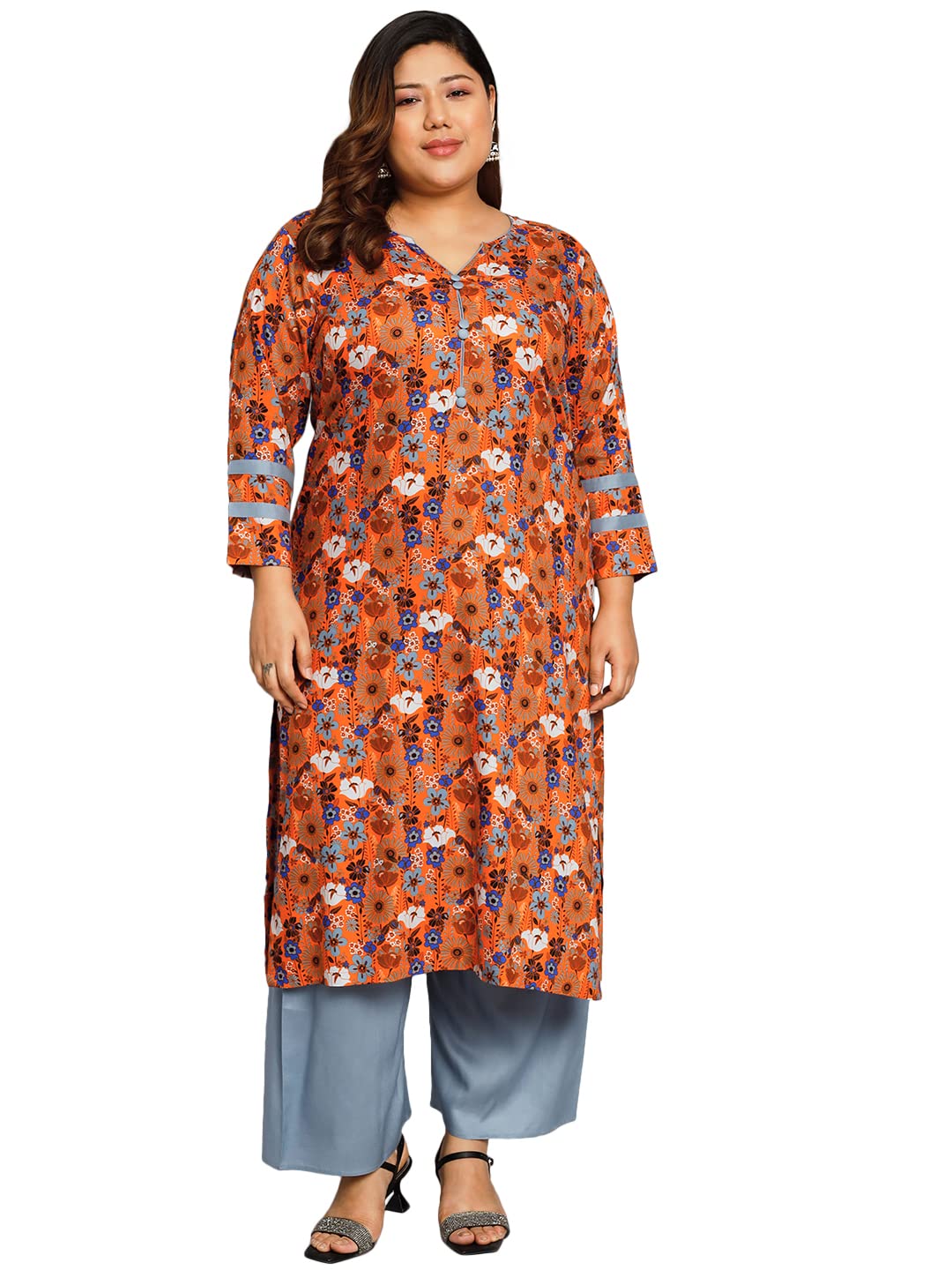 Tissu Women'S Plus Size Orange & Blue Printed Kurta With Palazzo (T-Plus-652_Orange_7Xl)