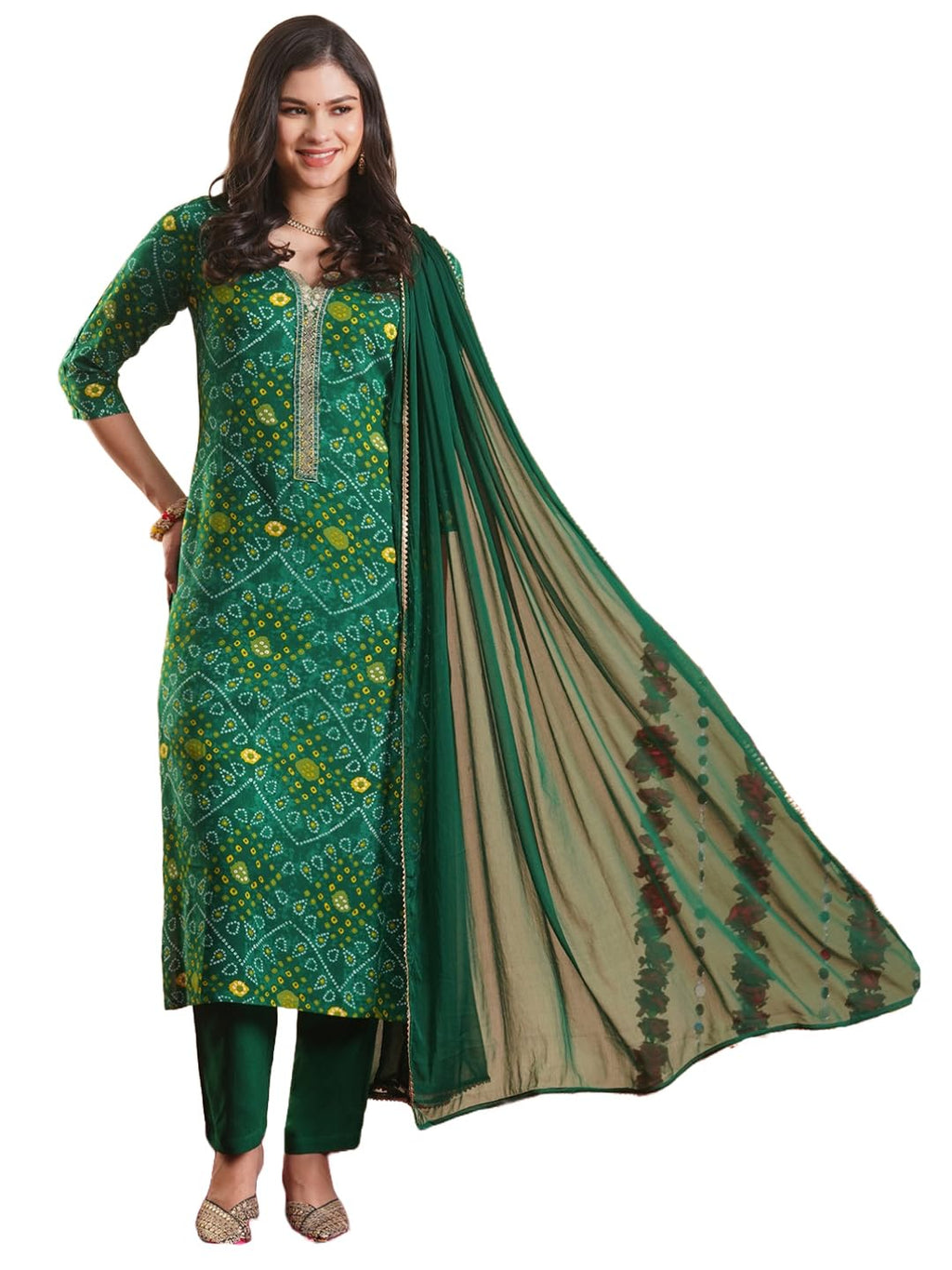 ANNI DESIGNER Womens Rayon Blend Straight Bandhej Printed Kurta with Pant & Dupatta (TURAE GREEN-VKS04_L_Green_Large)