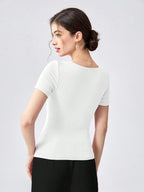 Shasmi Womens & Girls White Womens Summer Square Neck Solid Color Ruched Tee Workwear Pleated Casual t-Shirt for Women (Top 1